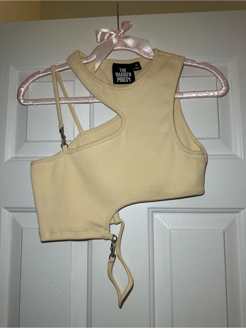 The Ragged Priest Pale Yellow Asymmetric Cutout Crop Top
